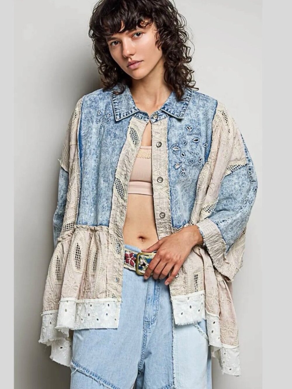 Pol Eyelet Ruffles Embroidered Crochet Patch Denim Jacket Relax Fit Size S M L
